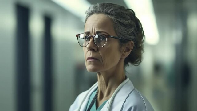 Concerned Senior Female Doctor in Lab Coat and Scrubs Standing in Hospital Corridor