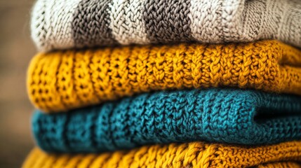 Cozy Autumn Knitwear Stack Warm Winter Sweaters Yellow Teal Gray Knitted Texture Fashion Soft Comfortable Clothing Apparel Pile Winter Fashion        