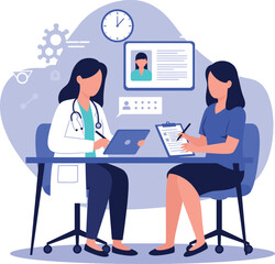 Female doctor consulting patient with medical documents in modern office vector illustration 
