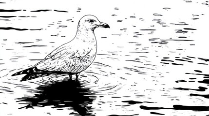 Obraz premium Seagull wading in lake water, ripples background, nature illustration