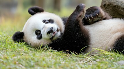 Naklejka premium Playful giant panda resting in grass wildlife nature conservation