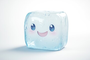 A cute, smiling ice cube with a cartoonish face, perfect for summer.