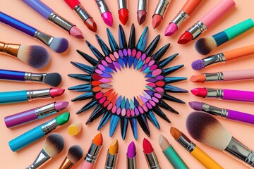 Naklejka premium Lipsticks in vibrant shades and colorful makeup brushes forming an artistic mandala on a clean peach background with balanced symmetry.