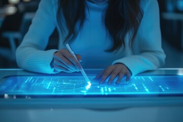 Woman uses stylus on futuristic glowing interactive touchscreen display, analyzing data and diagrams.