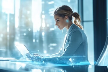 A businesswoman works on a laptop, futuristic technology elements overlaid, suggesting modern business and digital innovation.