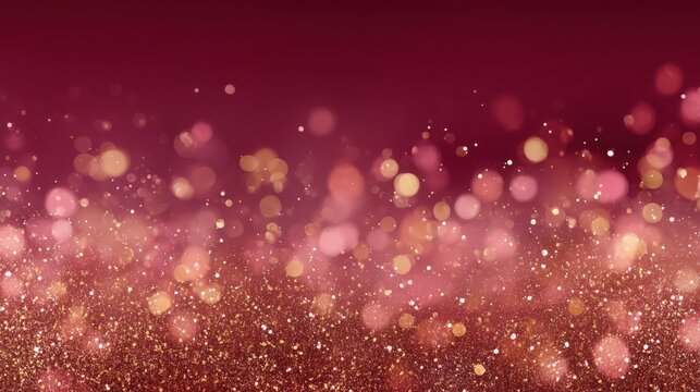 Elegant bokeh background with gold and pink sparkles on burgundy, festive celebration concept. Perfect for holiday cards, party invitations, and luxury branding. in flat design style