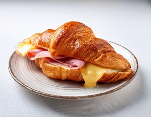Delicious ham and cheese croissant on rustic plate