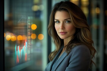 Obraz premium Confident businesswoman looking at financial data displayed on a screen, reflecting city lights.
