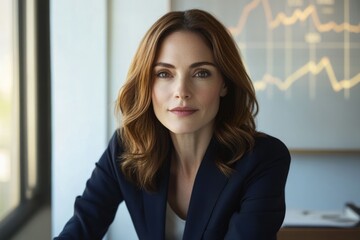 Confident businesswoman in a navy blazer, looking directly at the camera, with a graph in the background.