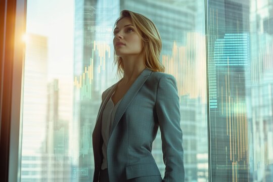 A businesswoman contemplates financial data projected onto a modern office window, visualizing market trends and growth.
