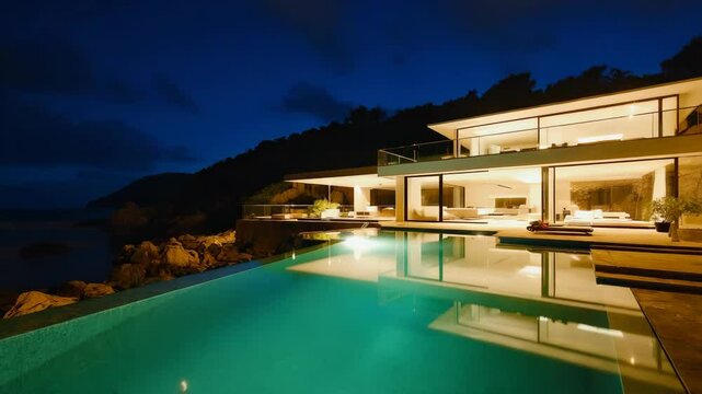 Modern luxury villa glows against a dusk sky with a turquoise swimming pool reflecting lights on coastal bluff near the ocean.