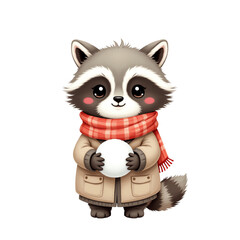 Obraz premium Cute raccoon with snowball, white isolate background