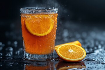Refreshing Orange Beverage with Ice and Slices Perfect for Summer Drinks Chilled Glass on Dar