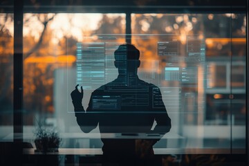 Silhouette of a person interacting with a futuristic transparent screen displaying various data streams and interfaces.
