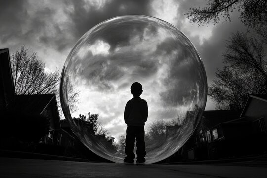 Silhouette of child in bubble against dramatic cloudy sky