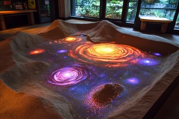 Interactive sandbox displaying colorful cosmic galaxy projection