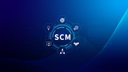 SCM concept, Supply Chain Management, Logistic and transport, Communication network. organizing and controlling resources to meet the needs of customers.