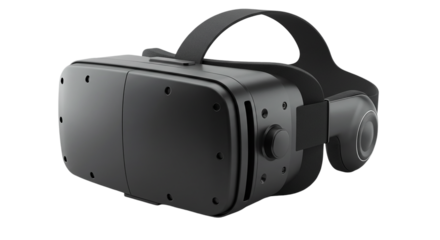 A close up shot of a black virtual reality headset with a strap on a black background in studio light