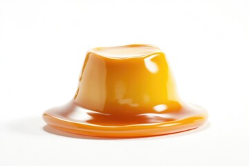 Fototapeta premium A single, glossy caramel custard or flan, slightly wobbly, sits on a white background.