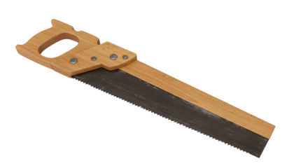 A hand saw with a wooden handle and a dark blade is displayed against a black background in the image
