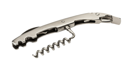 A close up shot of a silver metal wine opener with a corkscrew on a black background in a studio setting