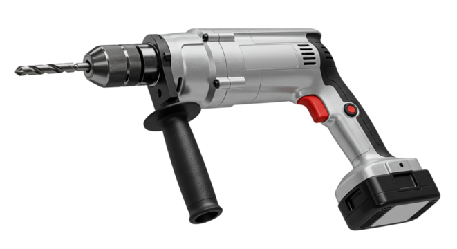 A silver and black cordless drill with a drill bit attached on a black background in a studio shot