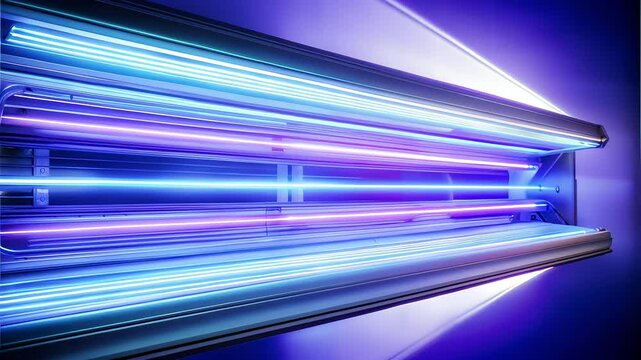 Close-up view of tanning bed with horizontal ultraviolet light tubes. Concepts: UV exposure, tanning equipment, artificial lighting, skin treatment, beauty industry, solarium interior, health risk.