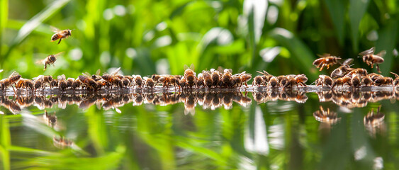 Apiculture - Groupe d'abeilles buvant dans un bassin rempli d'eau