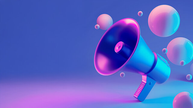 3D megaphone surrounded by abstract spheres on blue and purple background. Modern communication concept.  
