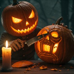 halloween pumpkin man is carving another pumpkin