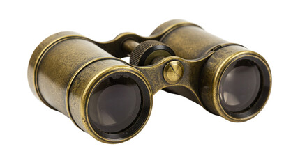 A close up shot of a pair of antique brass binoculars with a focus knob on a black background