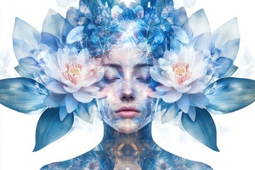 Serene woman's face merges with blue lotus flowers, creating a captivating ethereal image.