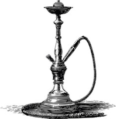 Detailed black and white illustration of a traditional hookah with textured design in sketch style. Vector illustration