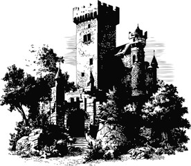 Obraz premium Black and white illustration of a medieval stone castle with trees and foliage in sketch style. Vector illustration