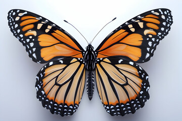 Fototapeta premium Monarch Butterfly in Flight Isolated on White: Vibrant Insect for Nature and Wildlife Imagery beautiful international buterfly day fly pic.