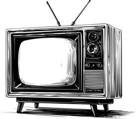 Vintage black and white illustration of an old television with antennas in sketch style. Vector illustration