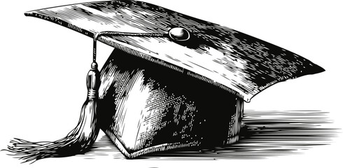 Detailed black and white sketch of a graduation cap with tassel. Vector illustration