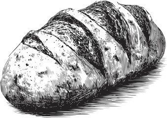 Detailed black and white sketch of a loaf of bread with texture and shading. Vector illustration