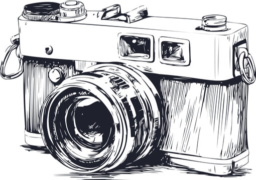 Vintage camera line drawing with detailed sketch of lens and body. Vector illustration