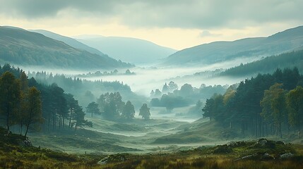 Fototapeta premium Misty valley with hills and forests