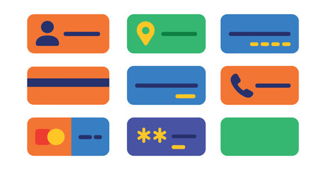 Flat vector icons of checkout form UI: name input, shipping address field, zip code entry, phone number box, payment method selector, expiration date field, CVV box, order button.