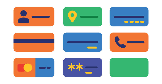Flat vector icons of checkout form UI: name input, shipping address field, zip code entry, phone number box, payment method selector, expiration date field, CVV box, order button.