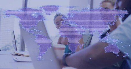 Professional woman reviewing laptop in office, showing business tech with animated data map overlay - Powered by Adobe