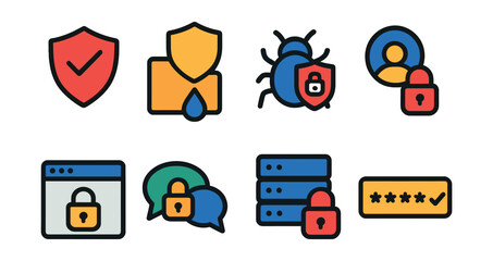 Flat vector icons of cybersecurity: antivirus, data leak prevention, malware protection, personal data safety, safe browser, secure chat, secure server, strong password.