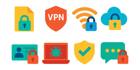 Obraz premium Flat vector icons of cybersecurity: encrypted file, VPN, secure Wi-Fi, cloud security, antivirus, secure access, malware protection, secure chat.