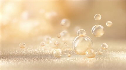Fototapeta premium Golden serum bubbles floating on textured surface, skincare science concept. Perfect for cosmetics ads, beauty blogs, product packaging. in flat design style