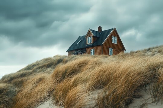 A house on Bjerregard beach in Hvide Sande, Denmark, is set against a scenic backdrop on a cloudy day