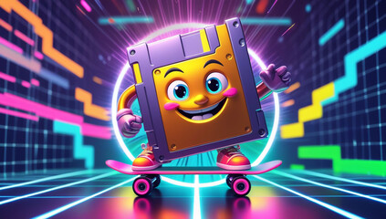 A colorful floppy disk riding on a skateboard, neon lights, 8 bit background