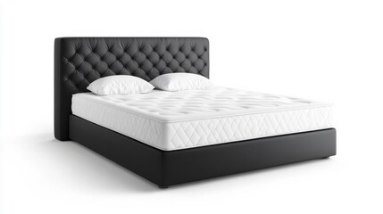 Luxury Black Upholstered Bed with Box Spring and White Mattress on Isolated White Background. Generative AI
