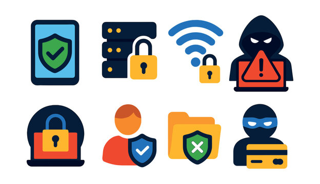 Flat vector icons of cybersecurity: digital safety, secure server, secure Wi-Fi, cyberattack, VPN, personal data safety, data theft prevention, cyber fraud.